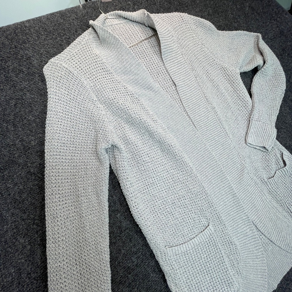 Cardigan Women M Gray Waffle Knit Open Front Coastal Nautical Pockets Minimalist